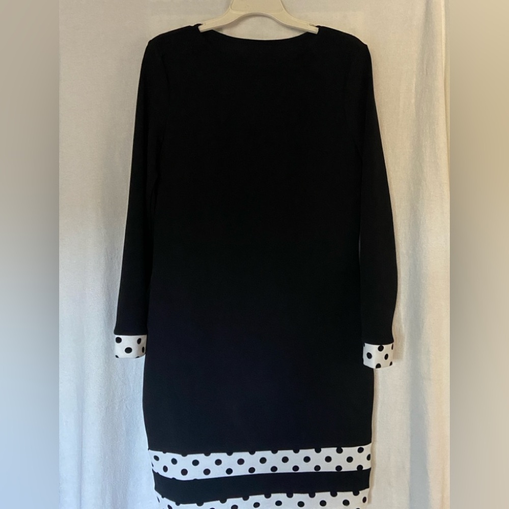 Long sleeve black dress with white trim polka dots bottom & cuffs size Large